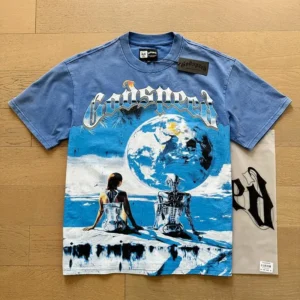 Summer Style Vintage Wash Blue Godspeed T-shirt Personality Trendy Print God Speed Short Sleeve Washed Tops Cotton Black Tee Casual Crewneck(Raincoats)