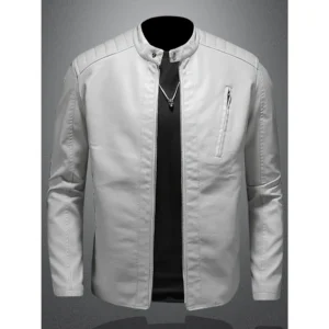 Men's motorcycle leather jacket stand collar solid color jacket, high-end windproof street wear, artificial leather outdoor wear