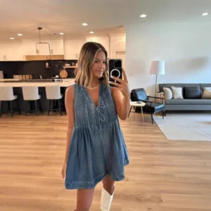 Women's Embroidered V-Neck Sleeveless Mini Denim Dress Casual A-Line Jean Babydoll Tank Dress 2025(Raincoats)