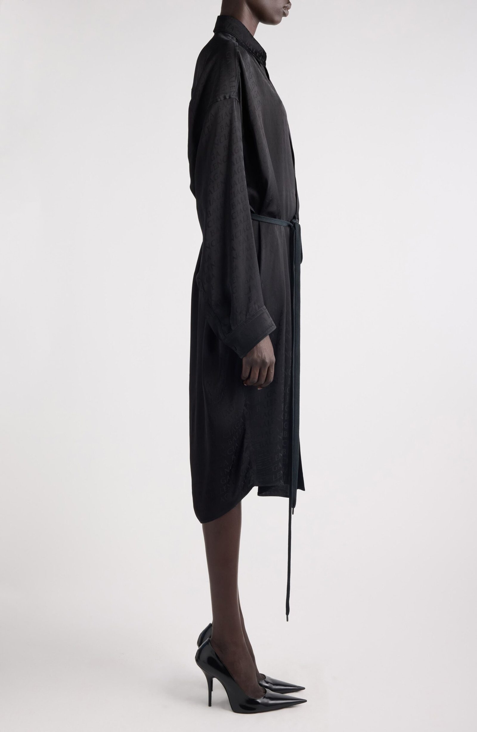 Balenciaga Cocoon Logo Jacquard Oversize Long Sleeve Satin Shirtdress - Image 4