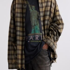 Balenciaga Layered Plaid Distressed Paris Liberty Graphic Top