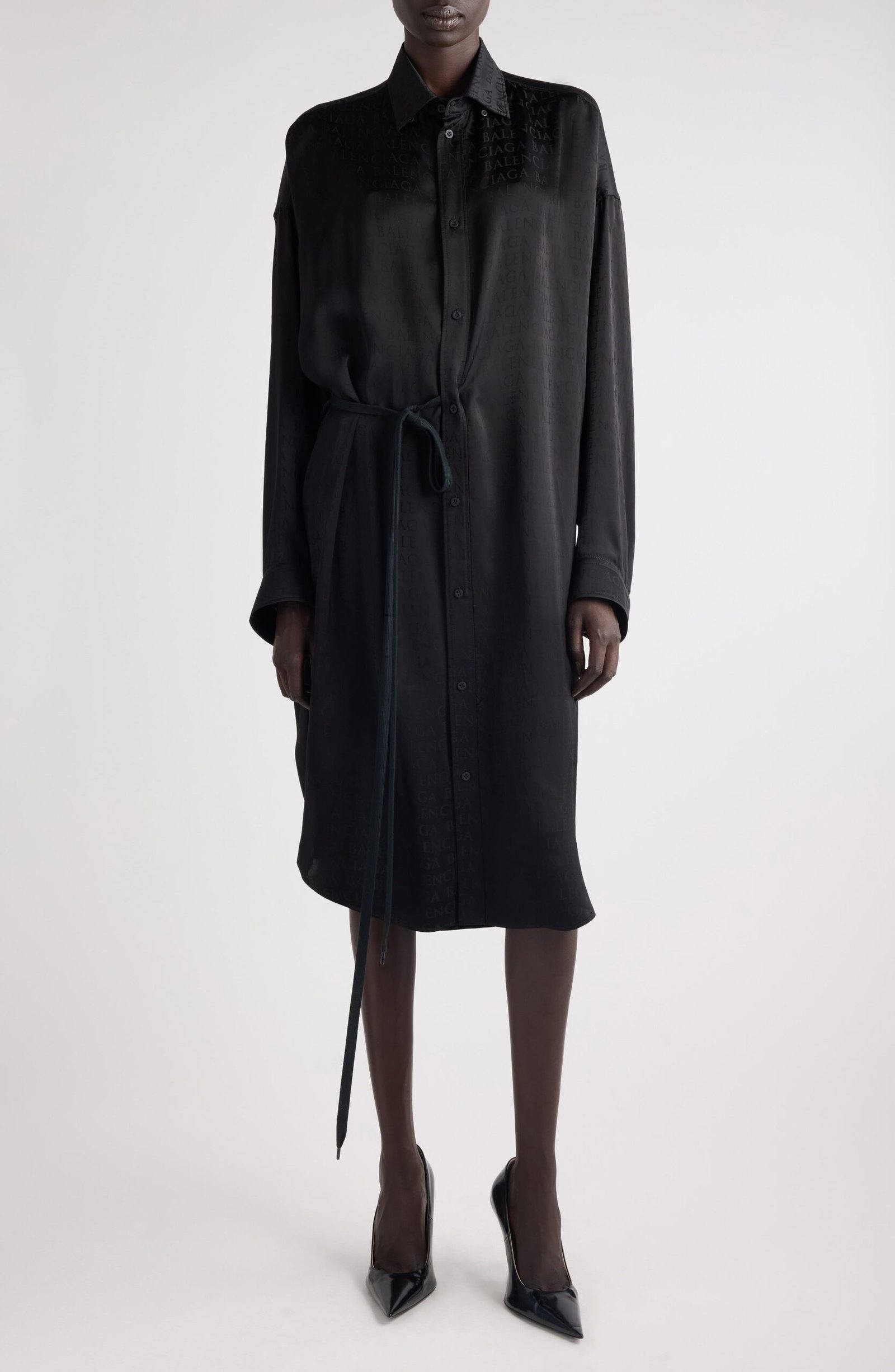 Balenciaga Cocoon Logo Jacquard Oversize Long Sleeve Satin Shirtdress