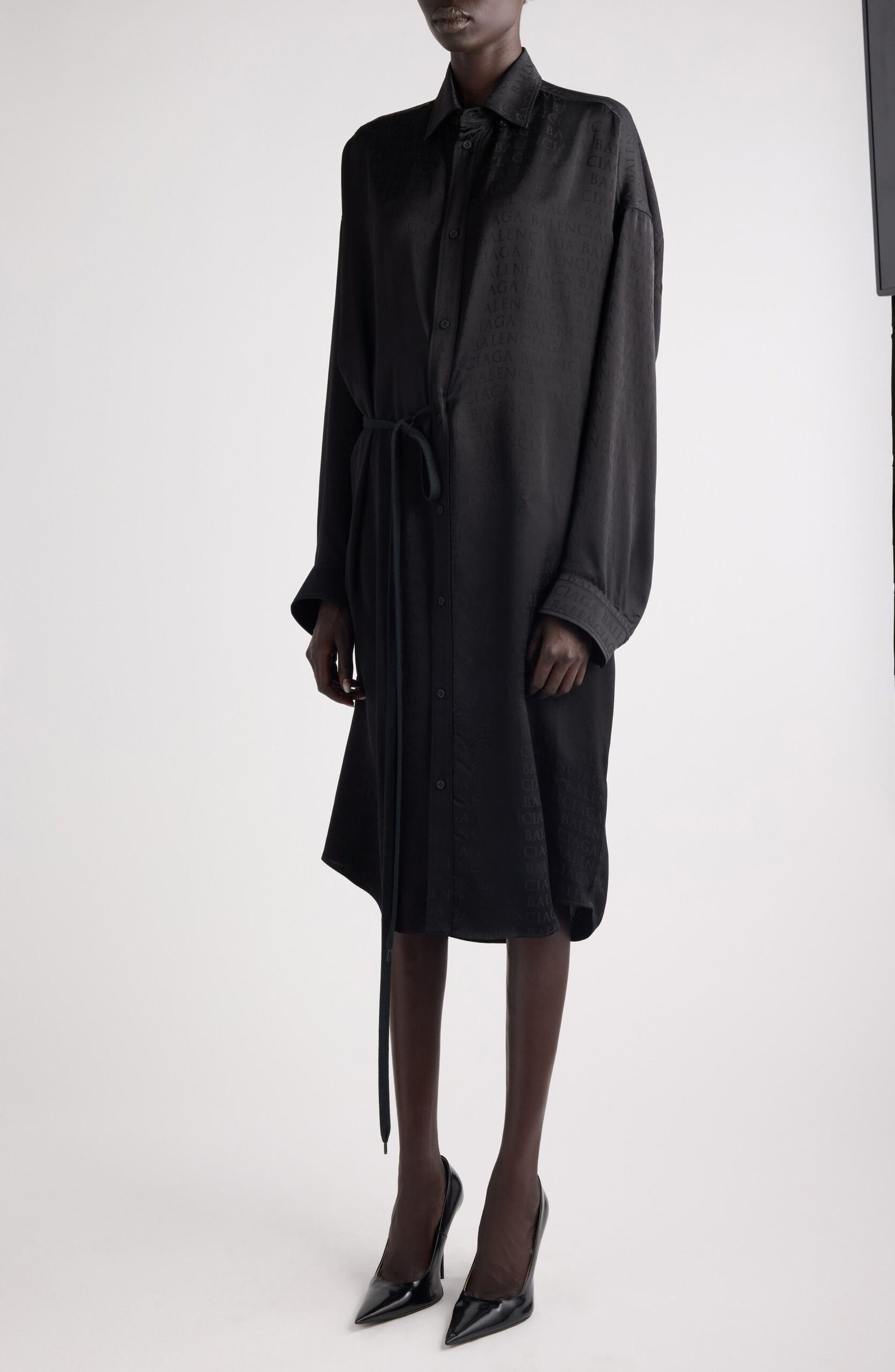 Balenciaga Cocoon Logo Jacquard Oversize Long Sleeve Satin Shirtdress - Image 5