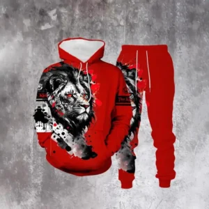 Lion Ink Print Men's Casual Hoodie & Jogger Pants Set Spring/Autumn Fashion Outfit Clothes Fabric Menswear Suits Long Sleeve Stylish Formal Red
