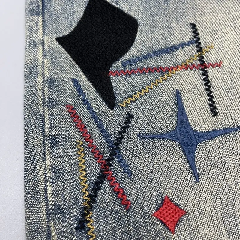 2025 Men's autumn and winter Washed Vintage Distressed Patchwork Embroidered Jeans for Men Tapered Straight-Leg Pants American High Street Style Casual Streetwear Menswear Love Stylish Trouser Denim Pocket Fashion Cotton Best Quality. men's joggers - Image 6