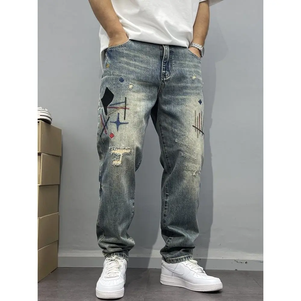 2025 Men's autumn and winter Washed Vintage Distressed Patchwork Embroidered Jeans for Men Tapered Straight-Leg Pants American High Street Style Casual Streetwear Menswear Love Stylish Trouser Denim Pocket Fashion Cotton Best Quality. men's joggers