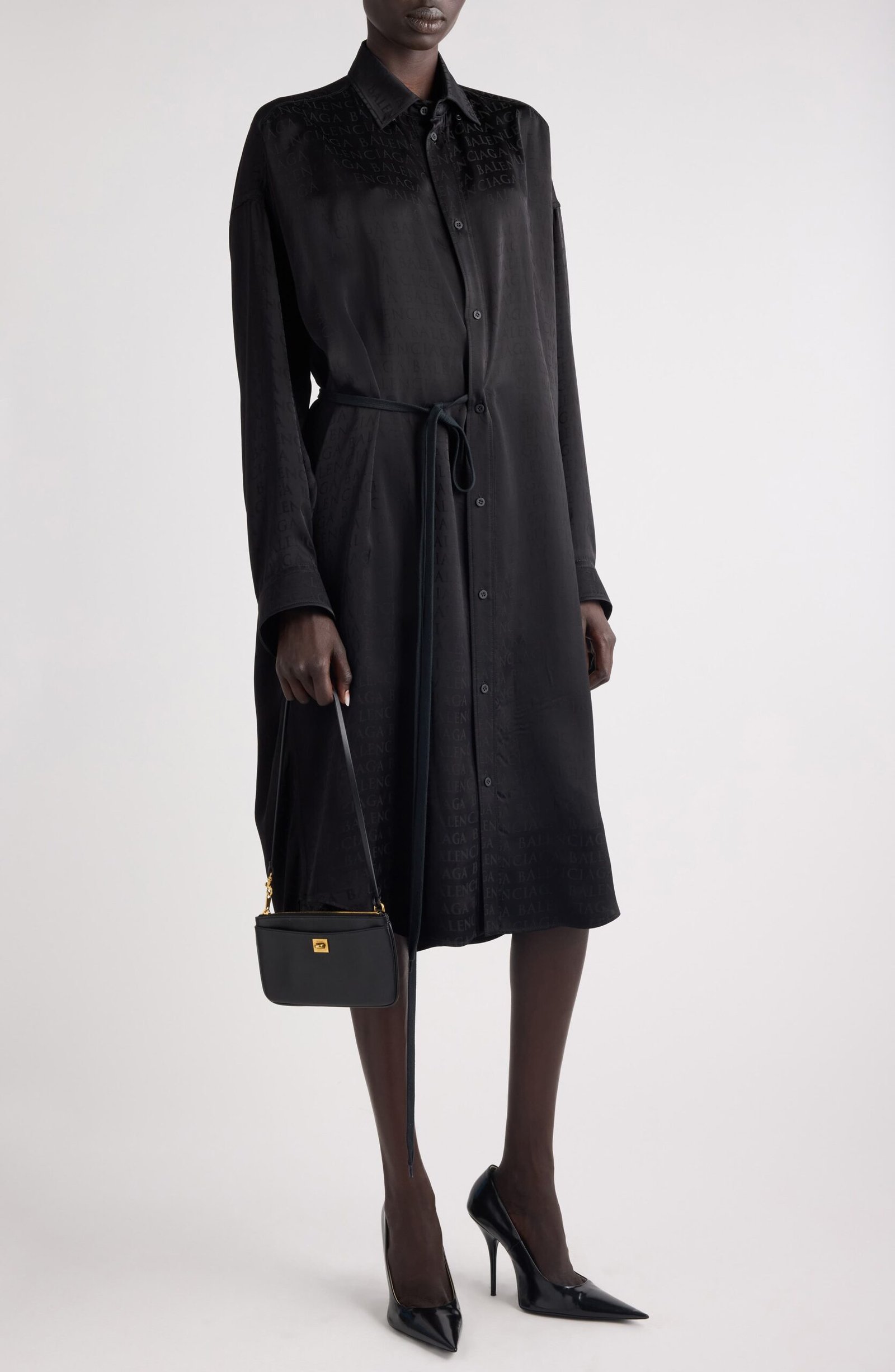 Balenciaga Cocoon Logo Jacquard Oversize Long Sleeve Satin Shirtdress - Image 2