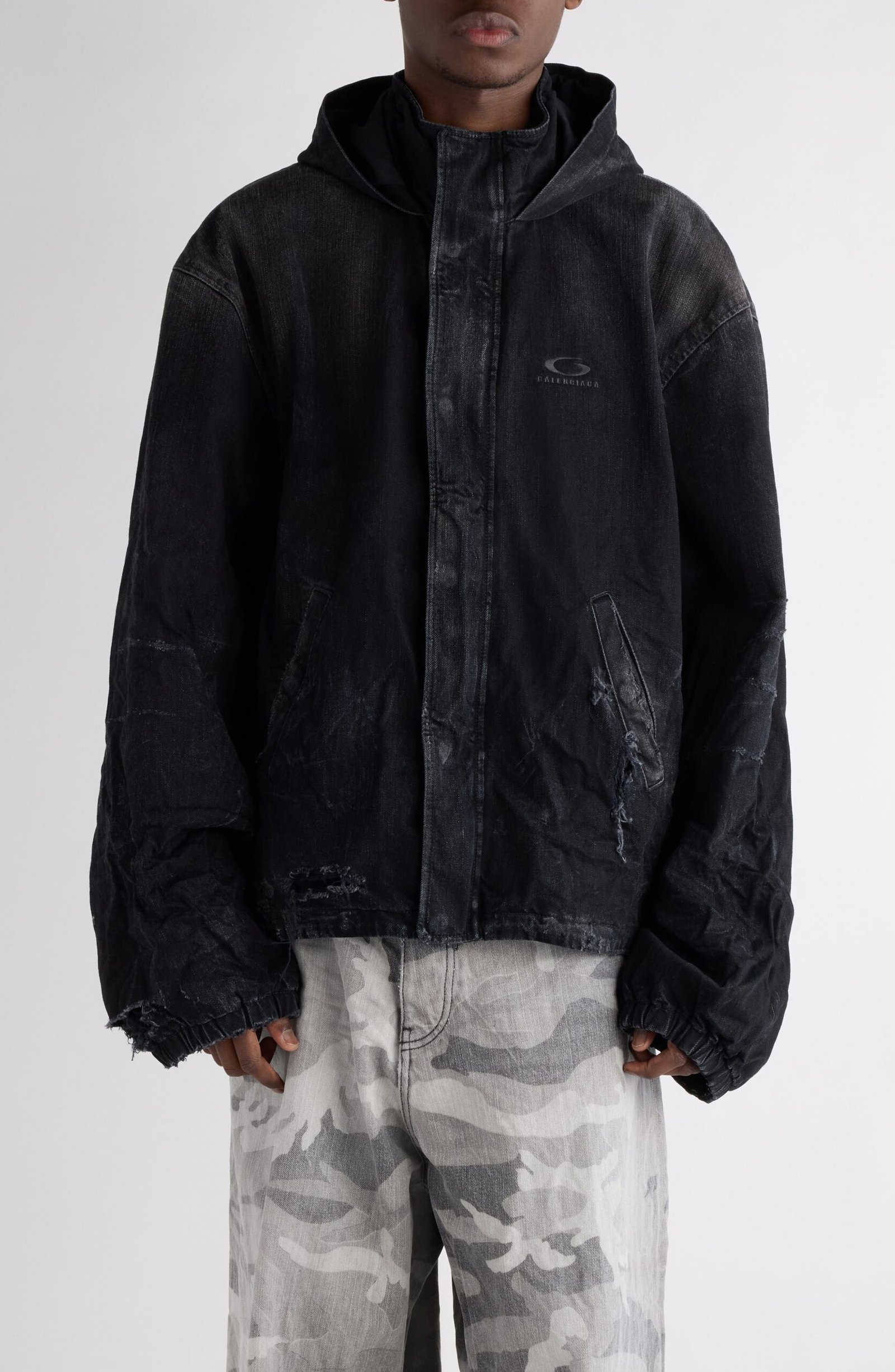 Balenciaga Hooded Distressed Denim Workwear Jacket