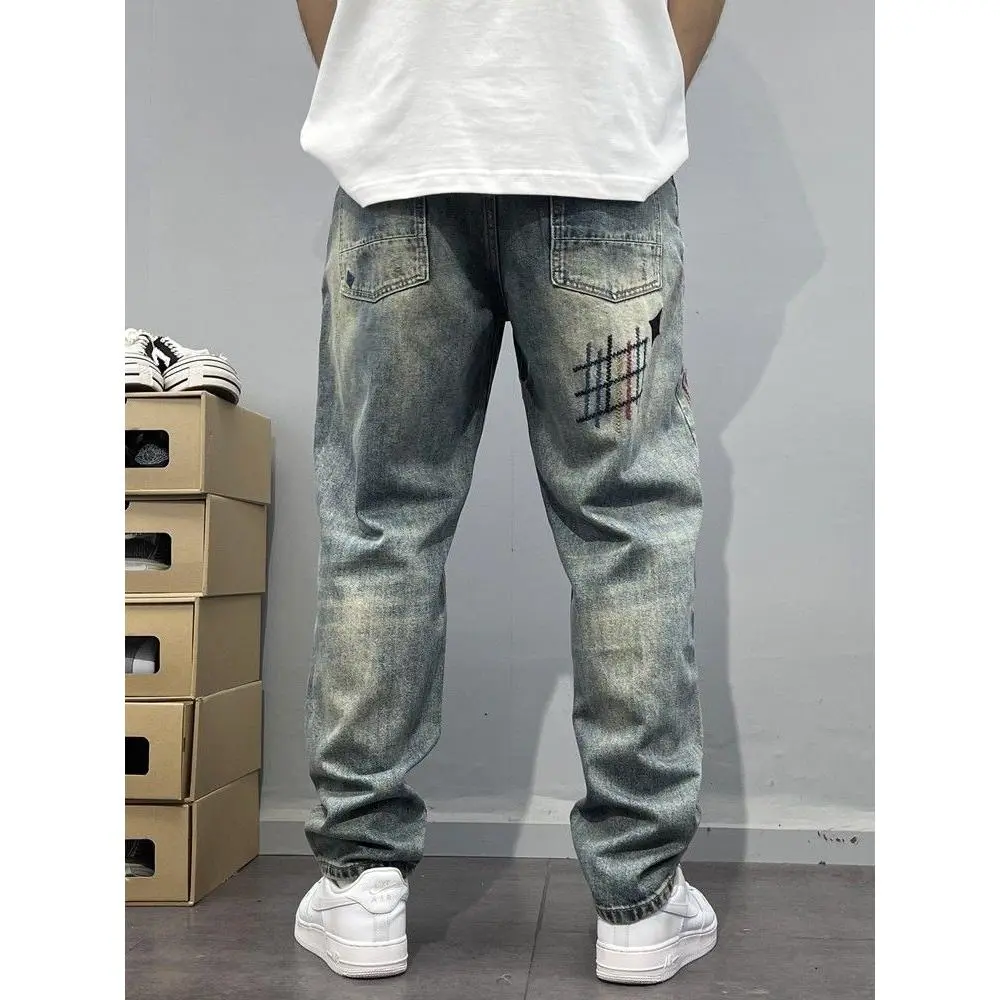 2025 Men's autumn and winter Washed Vintage Distressed Patchwork Embroidered Jeans for Men Tapered Straight-Leg Pants American High Street Style Casual Streetwear Menswear Love Stylish Trouser Denim Pocket Fashion Cotton Best Quality. men's joggers - Image 4
