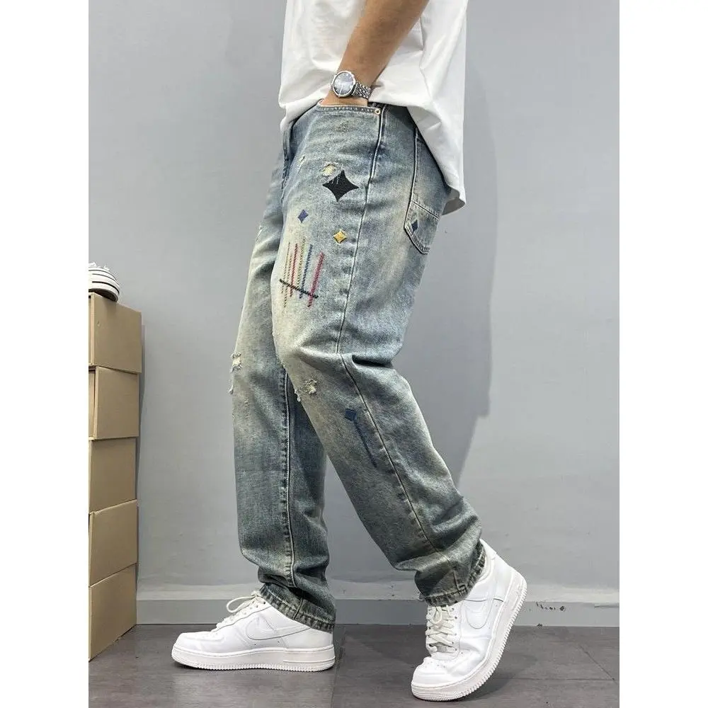 2025 Men's autumn and winter Washed Vintage Distressed Patchwork Embroidered Jeans for Men Tapered Straight-Leg Pants American High Street Style Casual Streetwear Menswear Love Stylish Trouser Denim Pocket Fashion Cotton Best Quality. men's joggers - Image 2