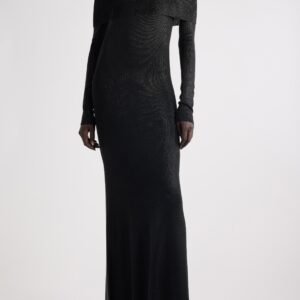 Balenciaga Off the Shoulder Long Sleeve Metallic Knit Maxi Dress