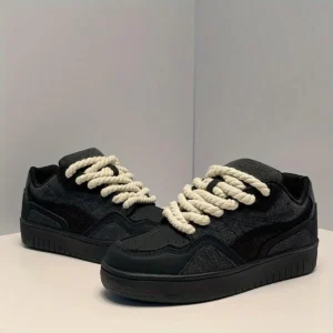 Vintage Style Casual Men's Black Fashion Sneakers Solid Color Low Top Lace-Up Sports Shoes with Fabric Inner Lining PVC Sole Cloth Insole Round Toe for Fall Winter Daily & Casual Wear Perfect Gift for Athletic Trainer