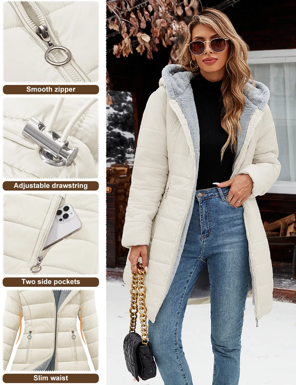 2025 Fitted Women's Winter Windproof Fur Warm Slim Fit Down Jacket - Waterproof Long Ski Coat for Commuting Womenswear Tops Basic Fitted Minimalist Outerwear Army Green. winter activewear - Image 3