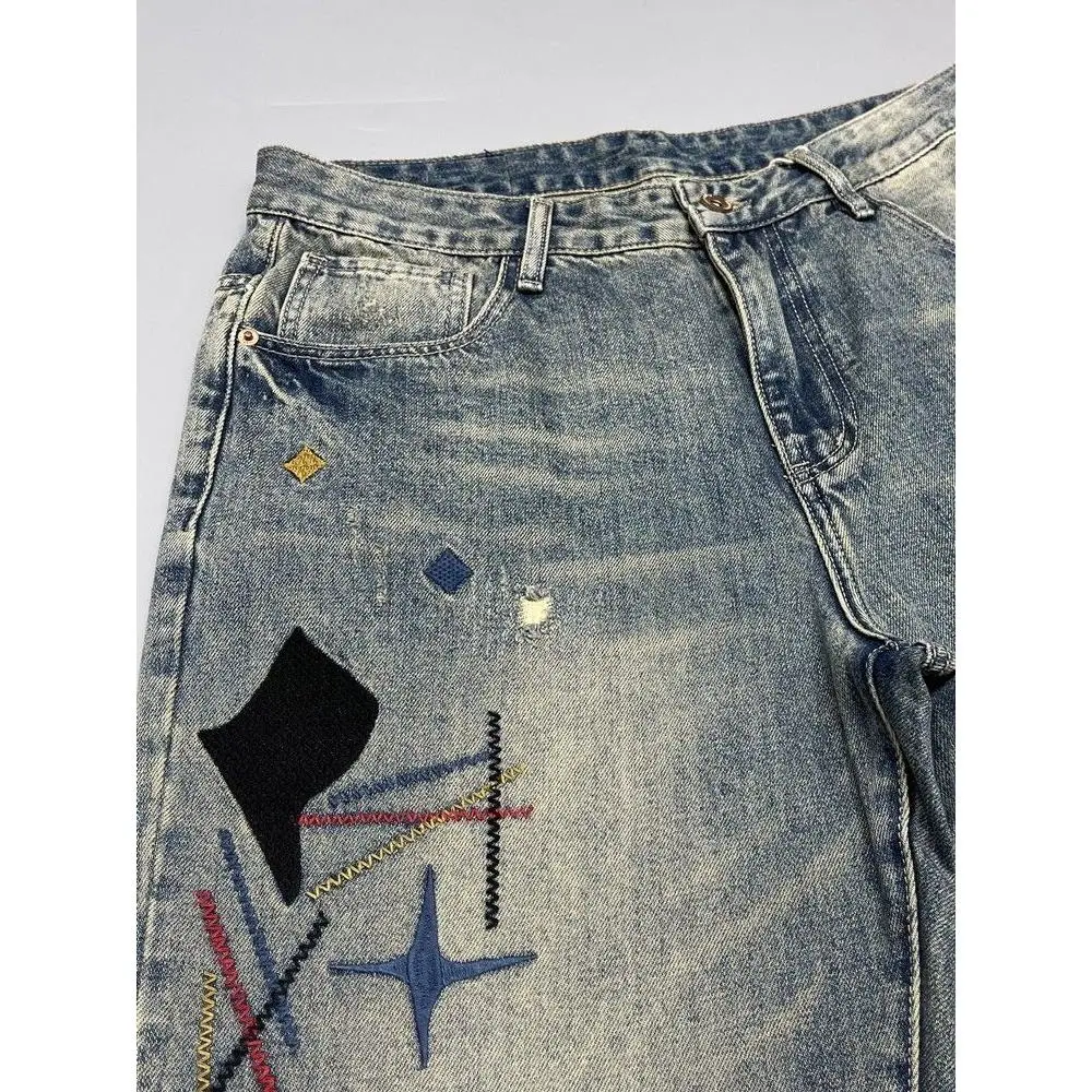 2025 Men's autumn and winter Washed Vintage Distressed Patchwork Embroidered Jeans for Men Tapered Straight-Leg Pants American High Street Style Casual Streetwear Menswear Love Stylish Trouser Denim Pocket Fashion Cotton Best Quality. men's joggers - Image 5