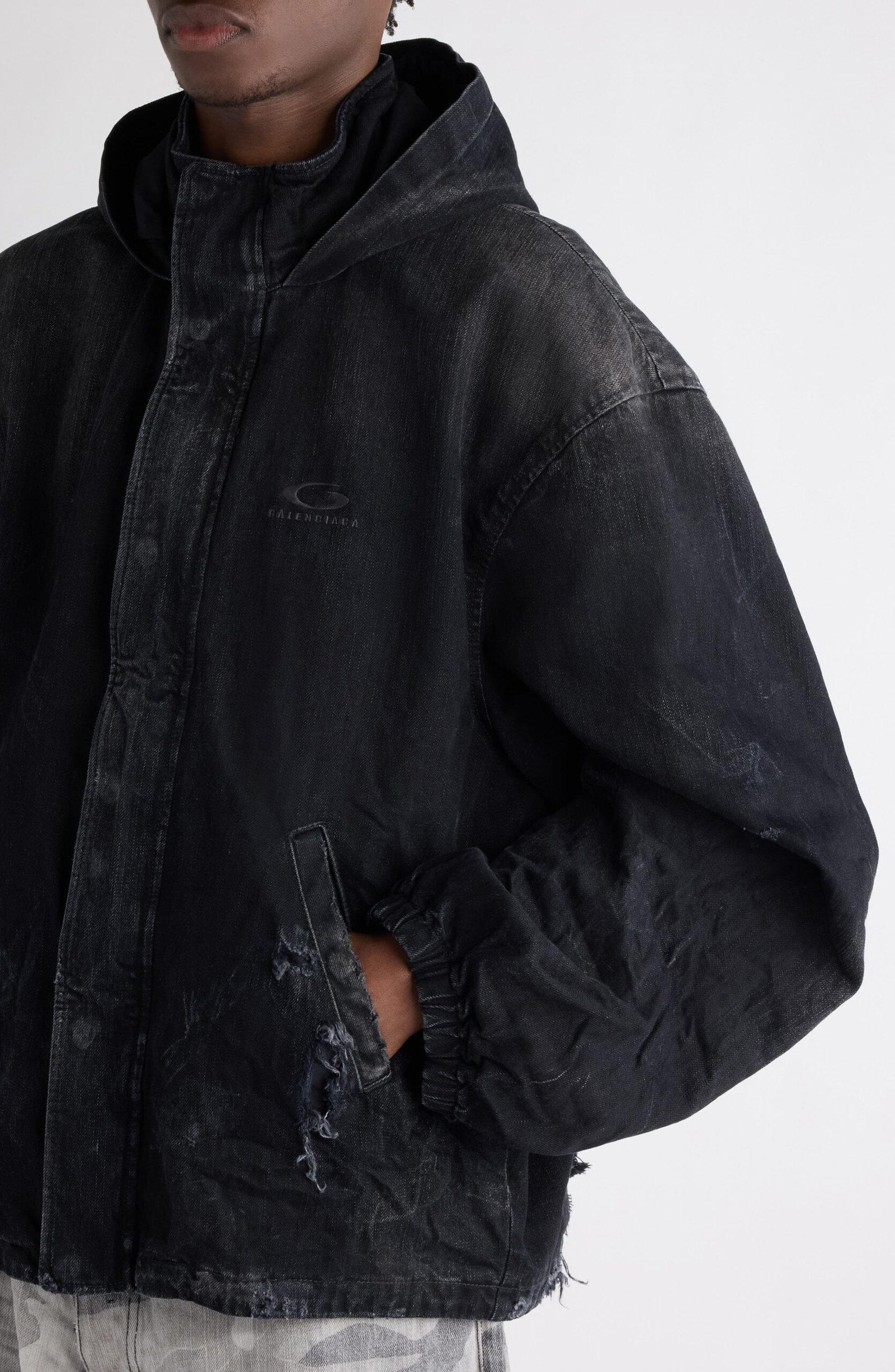 Balenciaga Hooded Distressed Denim Workwear Jacket - Image 5