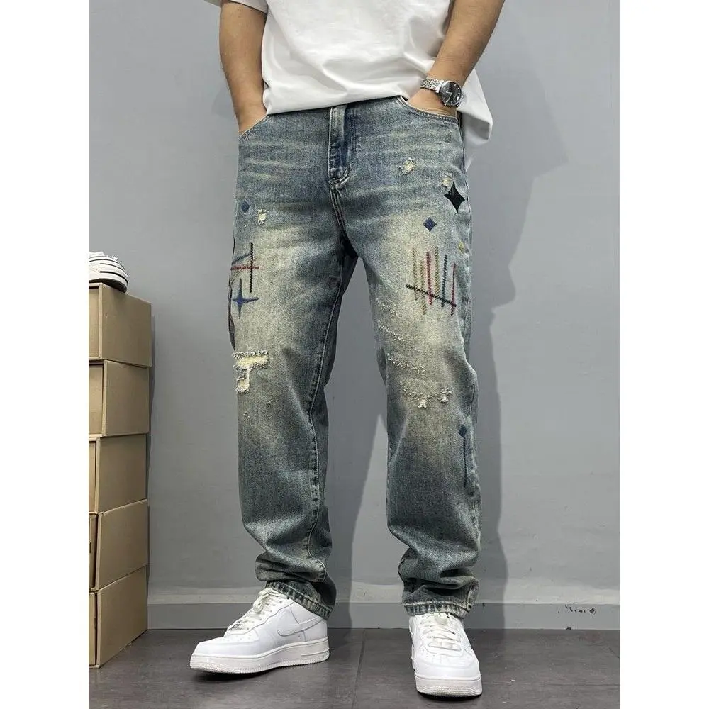 2025 Men's autumn and winter Washed Vintage Distressed Patchwork Embroidered Jeans for Men Tapered Straight-Leg Pants American High Street Style Casual Streetwear Menswear Love Stylish Trouser Denim Pocket Fashion Cotton Best Quality. men's joggers - Image 3