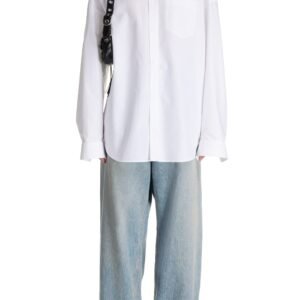 Balenciaga Oversize Crystal Logo Cotton Button-Up Cocoon Shirt
