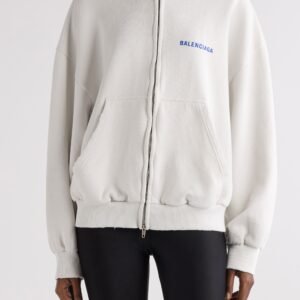 Balenciaga Logo Embroidered Distressed Dry Fleece Zip Hoodie