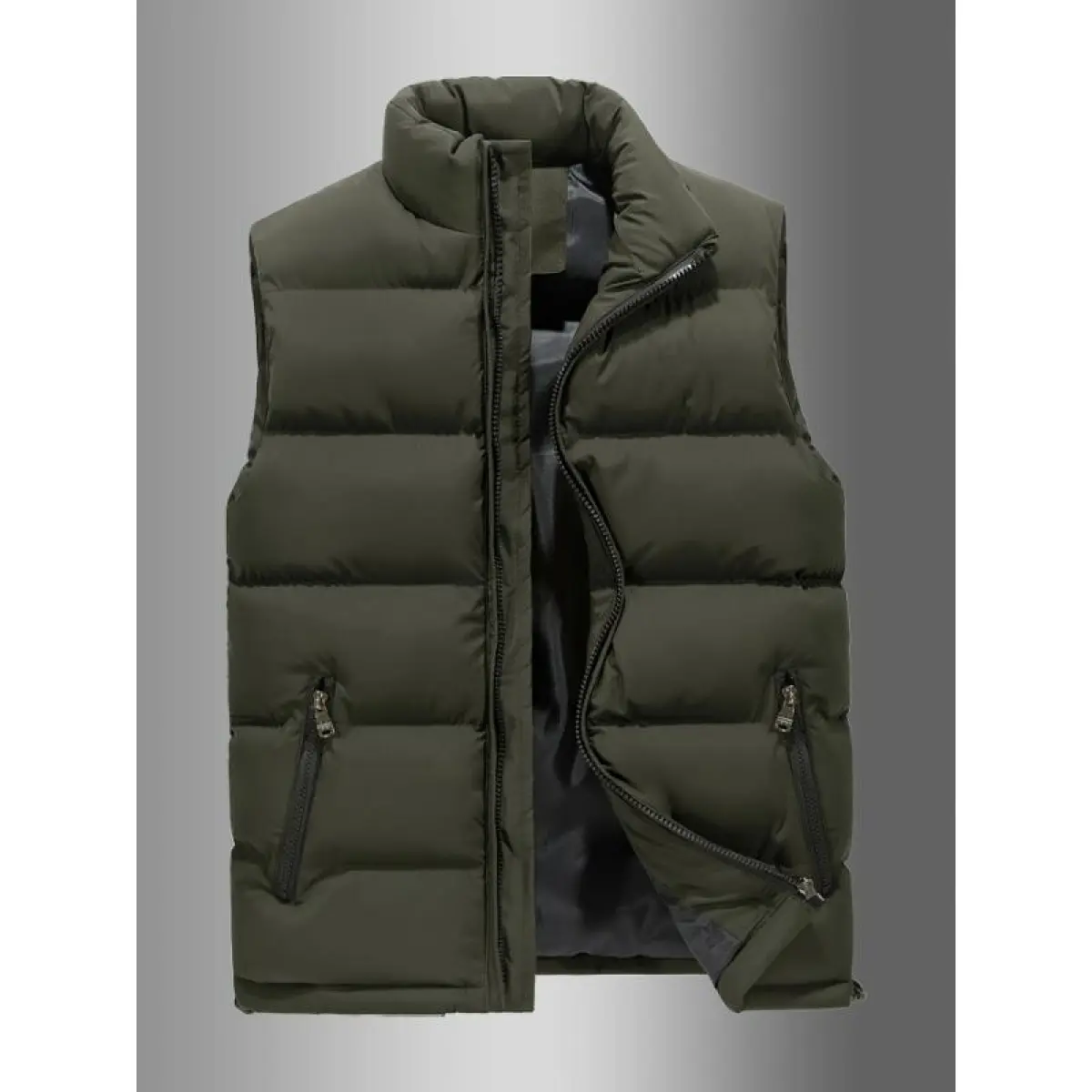 Windproof Solid Sleeveless Puffer Vest for Men Outdoor Active Zip-Up Stand Collar with Zipper Pockets Water-Resistant Breathable Polyester Sportswear.