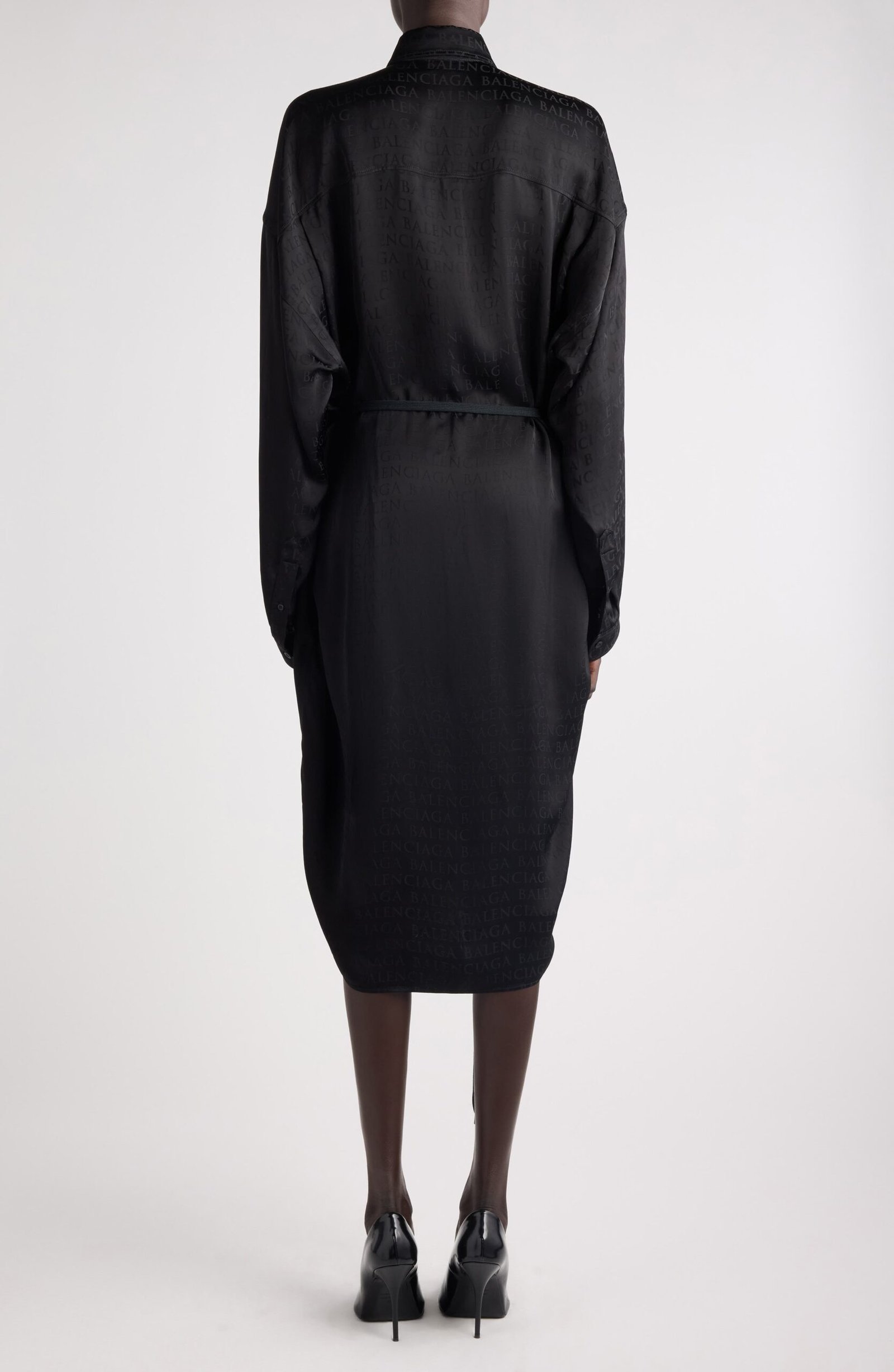 Balenciaga Cocoon Logo Jacquard Oversize Long Sleeve Satin Shirtdress - Image 3