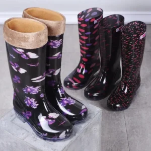 Water Shoes Women's Rain Boots Long Tube Ladies Fashion Rain Boots Waterproof Non-slip Medium and High Rubber Boots Work Boots Cotton Purple Point Color non-slip casual soft sole shoe